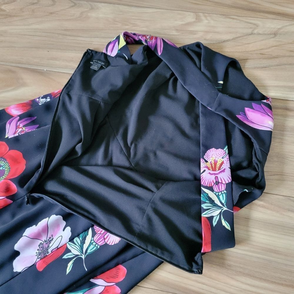 Ann Taylor Poppy Floral High Neck Criss Cross Back Midi Dress in Black - Picture 9 of 12